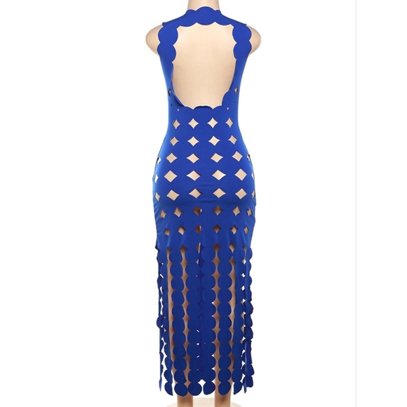 *Womens Hollow Sleeveless Backless Cutout Fringe Bodycon Dress Top Blue Sz Large - Picture 3 of 10